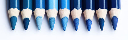 A collection of blue-colored pencils arranged in linear fashion, showing a gradient of shades from light blue to deep navy. Each pencil displays different textures, emphasizing artistic potential.の素材