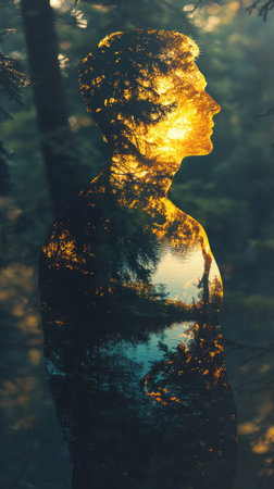 A man is depicted with a radiant glow, blending seamlessly with the surrounding lush forest and reflective waters.の素材