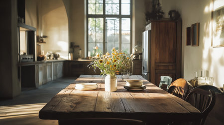 Natural light fills the dining area showcasing a rustic reclaimed wood table beautifully set with plates and a fresh flower arrangement, creating an inviting atmosphere for gatherings.の素材