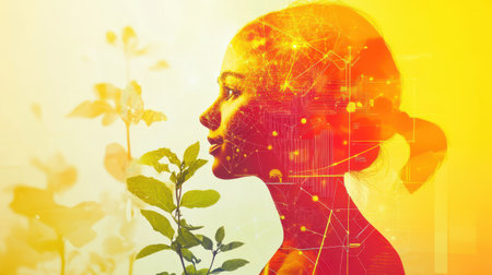 Vivid double exposure illustrates a woman's profile intertwined with elements of nature and technology, symbolizing the harmony between human innovation and the natural world.の素材