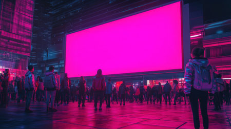 People gather in a lively urban plaza at night, surrounded by towering buildings bathed in pink and blue lights. A large digital screen dominates the view, creating an energetic atmosphere.の素材