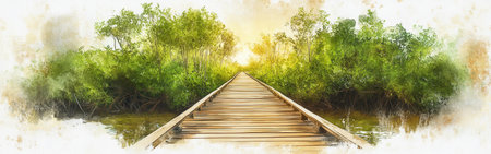 A wooden boardwalk stretches through vibrant green foliage as sunlight filters through, creating a peaceful atmosphere at dusk in a natural setting.の素材