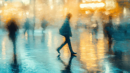 A soft silhouette of a person moves through a lively urban area at dusk. The wet ground reflects vibrant lights, creating an atmospheric blend of colors and blurred shapes in the background.の素材