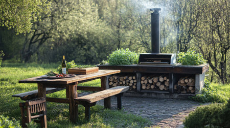A charming barbecue setup in the countryside features a wooden table and grill amidst lush greenery. The inviting atmosphere is enhanced by fresh herbs and a bottle of wine, perfect for gatherings.の素材