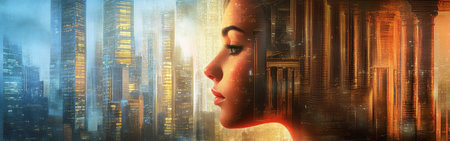 A woman gazes thoughtfully with an expression of tranquility, her face blending seamlessly with a colorful city skyline that reflects the warmth of dusk.の素材