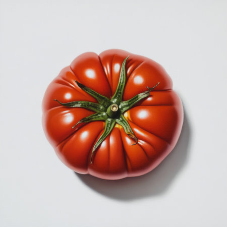 A ripe tomato displays its glossy red skin and unique shape. Perfectly positioned, this fruit captures attention with its vibrant color and fresh appearance.の素材