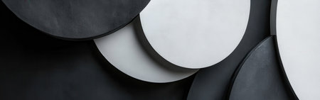 A collection of overlapping circular shapes in charcoal gray and white creates a visually engaging composition. The design emphasizes contrasts in color, texture, and form.の素材
