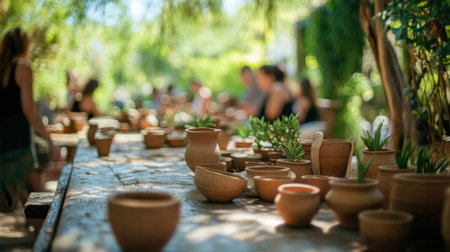 Attendees engage in a pottery class surrounded by greenery, learning to shape clay into various forms while enjoying the natural atmosphere.の素材