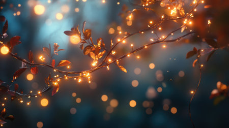 Delicate fairy lights shimmer softly among vibrant green leaves, creating an enchanting atmosphere in a serene forest during twilight hours. Nature glows with warmth.の素材
