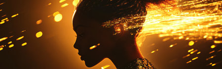 A woman's profile is set against a vibrant backdrop of golden lights and sparkles. The ethereal energy creates a mystical atmosphere that captivates the viewer's imagination.の素材