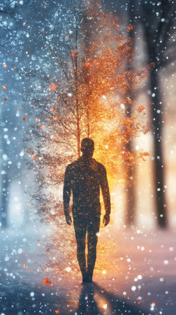 A man walks through a snowy forest, glowing with an ethereal light. As he progresses, a blend of vibrant autumn hues emerges around him, depicting a transition from winter to fall.の素材