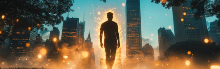 A man stands silhouetted against a vibrant city skyline at twilight, surrounded by glowing lights and mist, evoking a sense of wonder and exploration.の素材