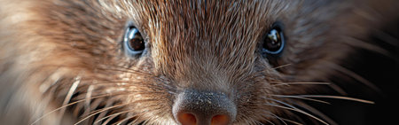 This striking macro shot captures the detailed face of a porcupine, highlighting its curious expression and intricate fur textures. Soft light enhances its natural beauty.の素材