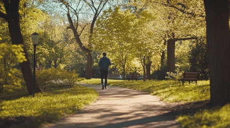 A person walks down a winding path surrounded by lush green trees and blooming foliage in a city park. It is a bright spring day filled with sunshine and color.の素材