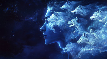 A man's profile is intricately filled with swirling blue mist, revealing the faces of howling wolves. The cosmic background enhances the ethereal quality, creating a mystical atmosphere.の素材
