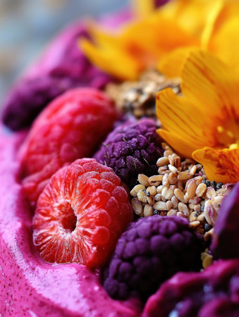 Bright smoothie bowl showcases a blend of rich colors, adorned with fresh raspberries, blackberries, and flowers. Perfect choice for a healthy breakfast or snack on a sunny day.の素材