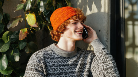 A young man happily chats on the phone while leaning against a wall adorned with greenery. He sports a vibrant orange beanie and a stylish sweater, enjoying the warm atmosphere.の素材