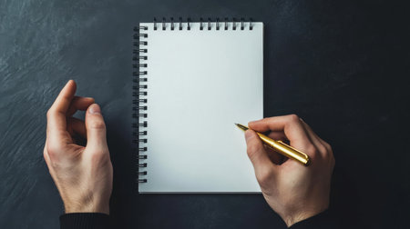 Person's hands gently cradle a gold pen above a blank notepad. The setting features a dark surface, suggesting a moment of creativity or brainstorming.の素材