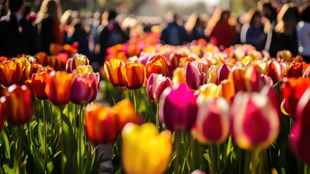 Thousands of visitors enjoy the stunning tulip festival in Holland, surrounded by vibrant flowers in full bloom. The atmosphere buzzes with joy and excitement as spring unfolds.の素材