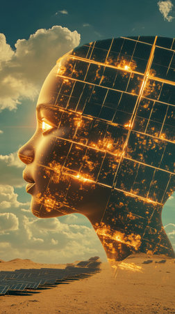 A child's profile is depicted with glowing features and abstract textures against a surreal sky filled with clouds. The unique visualization captures imagination.の素材