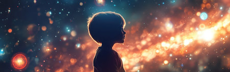 A child stands silhouetted against a vibrant cosmic backdrop, contemplating the mysteries of space and stars, evoking wonder and imagination during nighttime exploration.の素材