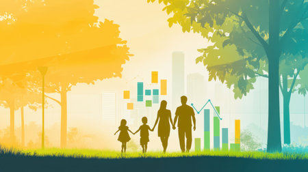 A family walks hand in hand through a lush park during a sunny day. They enjoy the vibrant atmosphere and the warmth of the sun, embracing quality time together.の素材