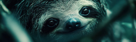 Capturing the essence of a sloth in its habitat, this portrait reveals intricate details of its face, emphasizing its gentle expression and texture against a verdant backdrop.の素材