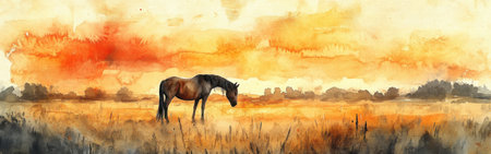 A graceful horse grazes peacefully in a sunlit meadow, surrounded by tall grass and gentle rolling hills. The watercolor backdrop warm features hues of orange and yellow, creating a serene atmosphere.の素材