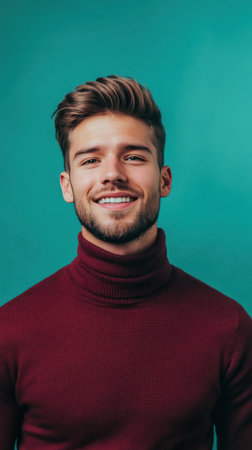 A young man exudes confidence with a warm smile, dressed in a maroon turtleneck. The background is a vivid turquoise, enhancing the positive energy of the moment.の素材