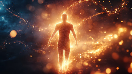 A figure stands illuminated in a vibrant glow, surrounded by swirling particles of light in a cosmic setting at twilight. The atmosphere feels ethereal and otherworldly.の素材