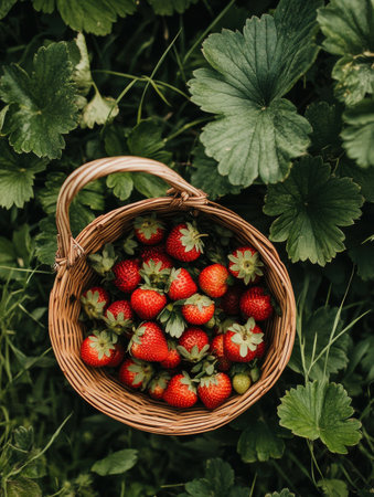 Close-up of a wicker basket filled with juicy, ripe strawberries nestled among vibrant green leaves. This harvest showcases summer's bounty in a delightful rural setting.の素材