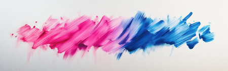 Bright strokes of pink and blue flow seamlessly across the elegant white canvas, displaying a dynamic and energetic interaction of colors that draws the eye and inspires creativity.の素材