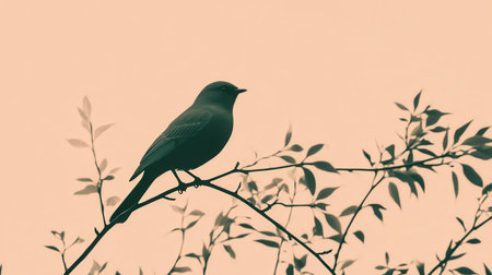 A bird stands silently on a slender branch, its simple silhouette contrasting against a soft pastel sky during twilight. Leaves surround the perch, enhancing the tranquil atmosphere.の素材