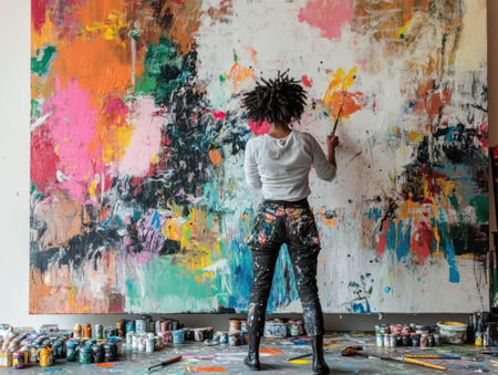 In a spacious studio, an artist passionately works on a large abstract canvas, surrounded by vibrant paint cans and brush tools. The colors blend together, showcasing an artistic process.の素材