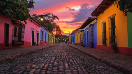 A cobblestone street in Guatemala, lined with brightly colored houses, showcases a stunning sunset. The vibrant hues reflect the charm and culture of the area, inviting exploration.の素材