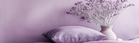 Lavender pillows rest on a bed with a matching background. A vase holds delicate dried flowers, enhancing the calm, monochromatic theme of the space.の素材