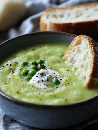 Fresh vegetable soup presented in a dark bowl features a creamy swirl and green peas, paired with rustic slices of bread. This nourishing dish looks inviting and delicious.の素材