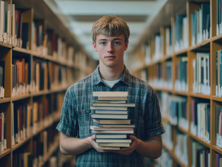 A student stands in a library aisle, balancing a towering stack of books. Shelves filled with literature surround him, creating a quiet atmosphere for learning.の素材