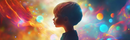 A child stands against a vivid backdrop filled with swirling colors and radiant lights. This enchanting visualization captures the essence of youthful curiosity and creativity.の素材