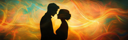 Two silhouettes of a couple stand closely together, their foreheads touching, surrounded by a swirl of bright colors that create a dreamlike atmosphere.の素材
