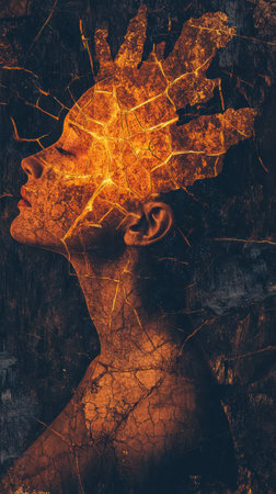 A woman stands silently with her head turned, her skin glowing and cracked as if made of molten earth. The dark backdrop highlights her surreal features, creating a mysterious atmosphere.の素材