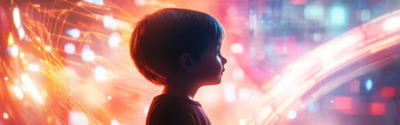 A child stands in silhouette, radiating a magical glow amidst a backdrop of vivid colors and mesmerizing lights during an enchanting twilight. The atmosphere feels joyful and surreal.の素材