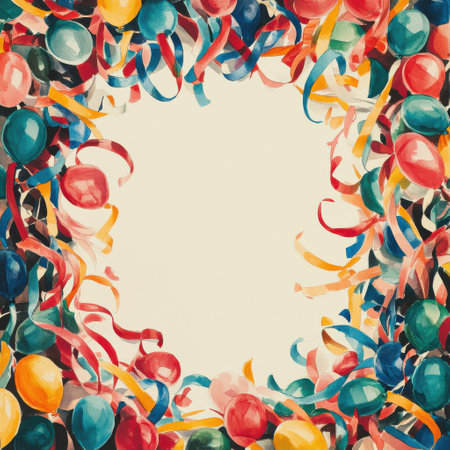 This vibrant illustration features a decorative border filled with colorful balloons and streamers, perfect for enhancing invitations or party details.の素材