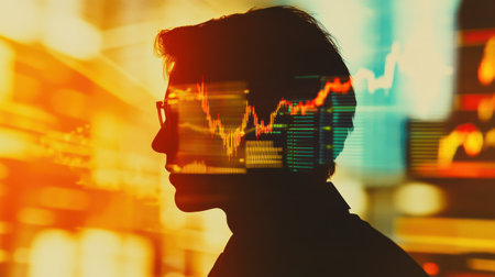Silhouette of a trader reflects in vibrant stock market visuals, capturing the essence of financial decision-making during evening hours.の素材
