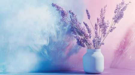 Dried lavender stems are elegantly arranged in a white vase, set against a backdrop of chaotic pastel brush strokes in soft colors that create a calming atmosphere.の素材