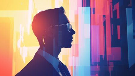 A dark silhouette of a mentor stands against a dynamic background filled with glowing colors. The scene captures the essence of guidance and inspiration in a modern urban environment during twilight.の素材