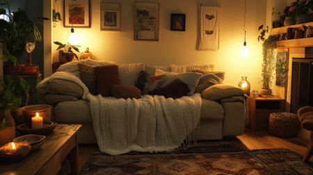A warm living room features a plush sofa covered in handmade woolen throws. Soft lighting create a tranquil ambiance, accentuated by plants and decorative elements, ideal for relaxation.の素材