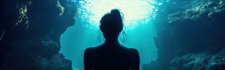 Underwater, a woman stands in tranquil depths, surrounded by rocky formations. Her glowing form captivates, creating an ethereal atmosphere in clear blue waters.の素材