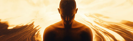 A man stands with his eyes closed, radiating a soft glow against a vibrant backdrop. Warm colors swirl around him, intensifying his serene presence in a mystical environment.の素材