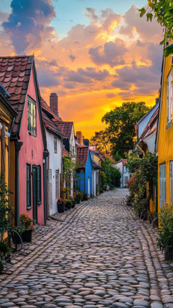 A winding cobblestone path is surrounded by vibrant houses in shades of pink, blue, and yellow. The warm glow of sunset casts an enchanting light on the scene, enhancing its charm.の素材